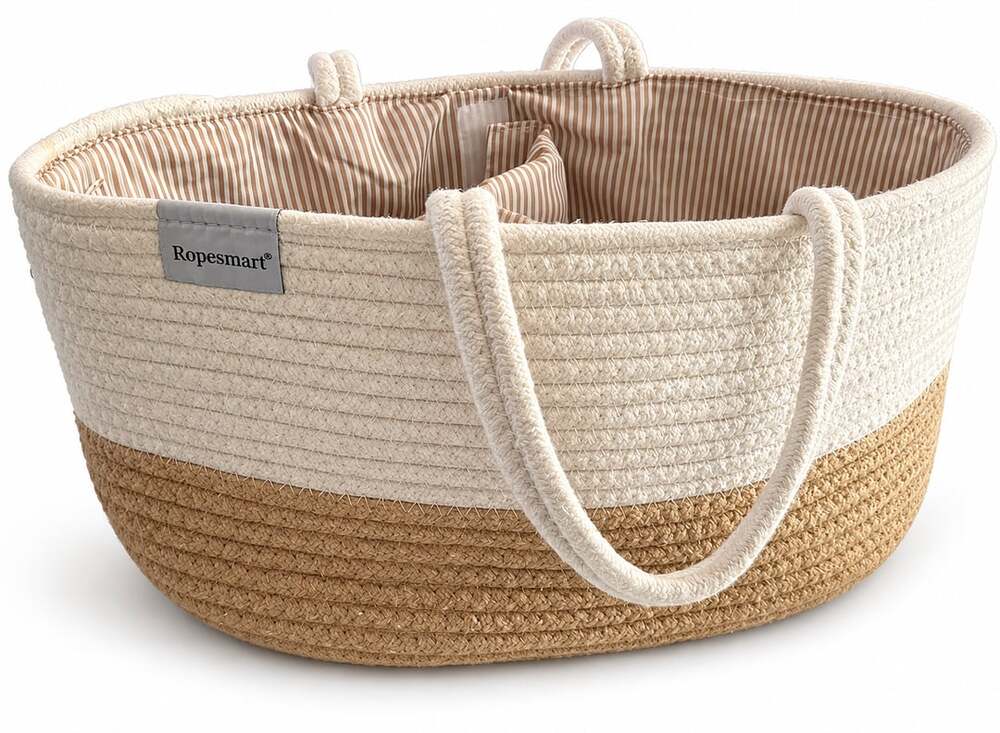 Ropesmart Cotton Rope Diaper Caddy Storage Basket Beige Brown Striped Lined